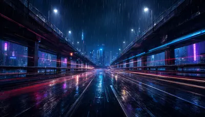 Cyberpunk Rainy Overpass