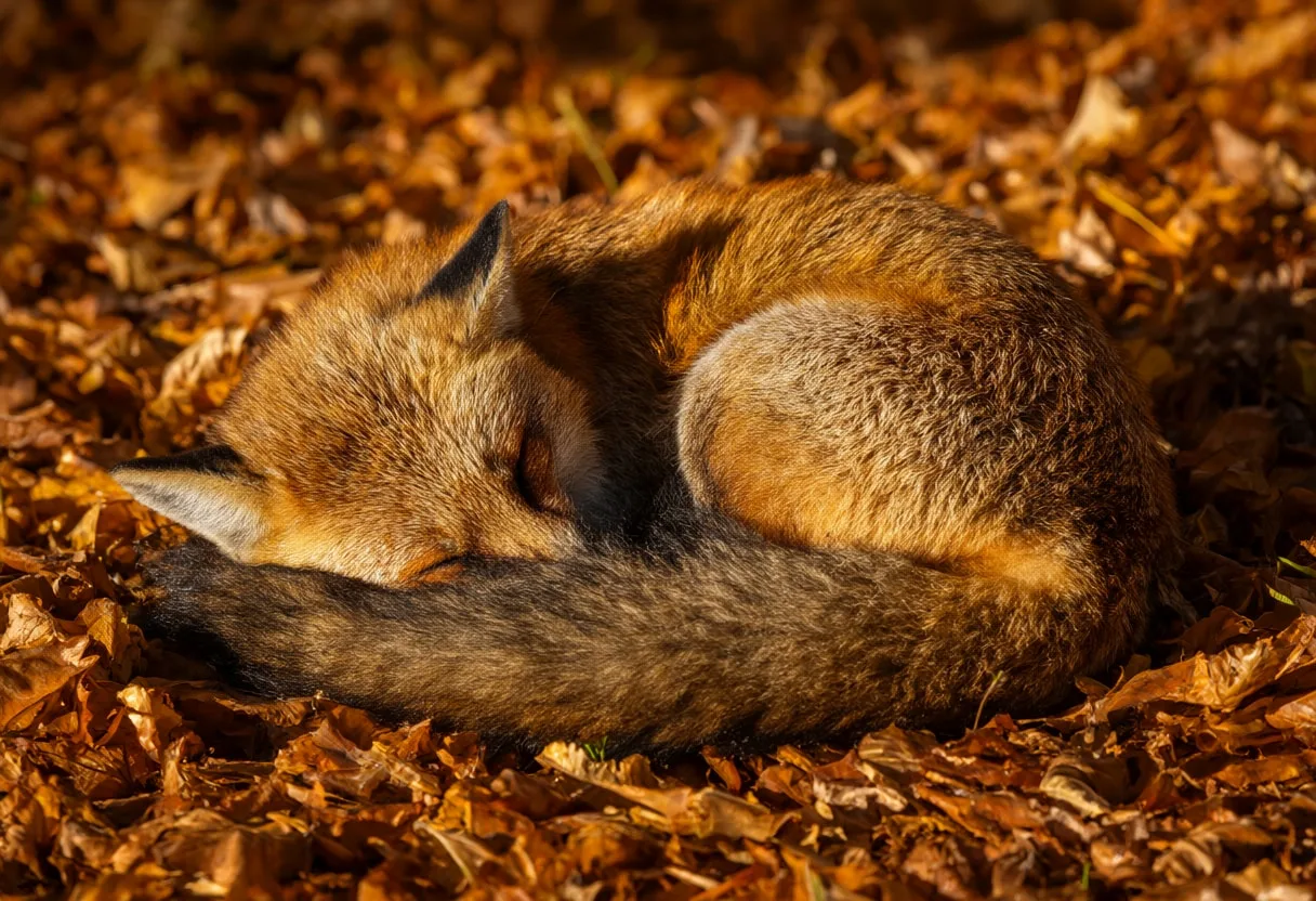 Red Fox Curled on Fallen Leaves