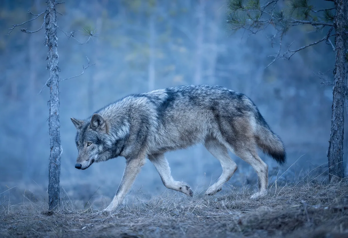 Gray Wolf Walking Through a Misty Forest