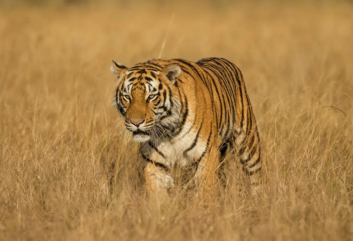 Bengal Tiger Walking in Tall Grass