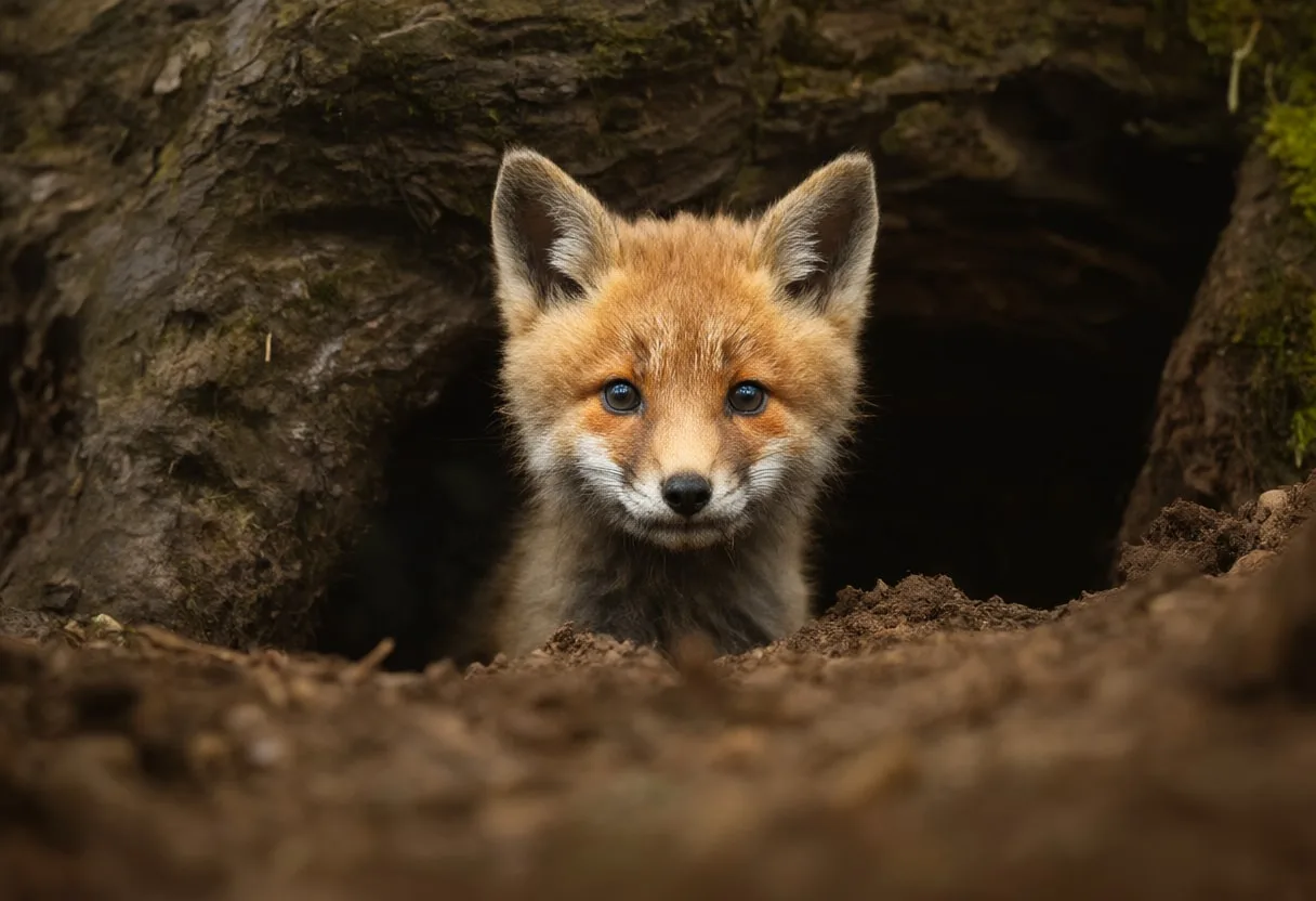 Fox Cub Peeking from a Den