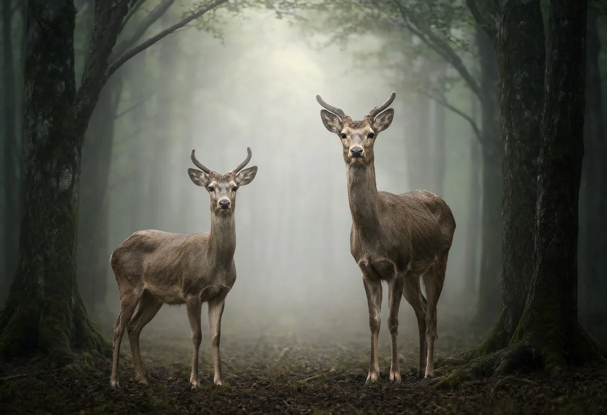 Two Deer in a Misty Clearing