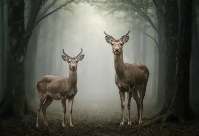 Two Deer in a Misty Clearing