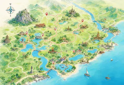 Travel Map with a Dashed Route