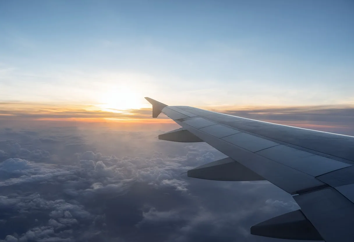 Airplane Wing above Clouds at Sunset