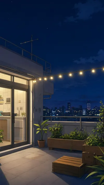 Anime Rooftop Garden at Night