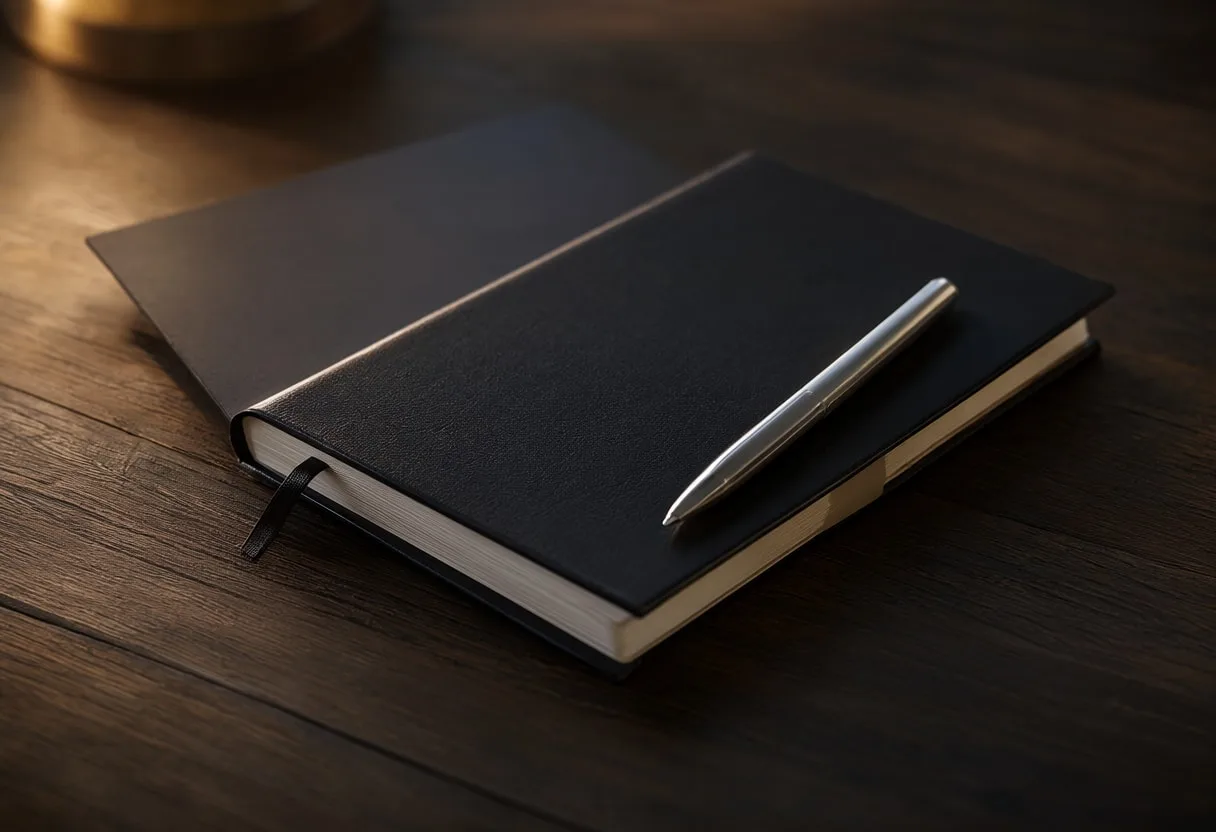 Notebook with Silver Pen on Dark Oak