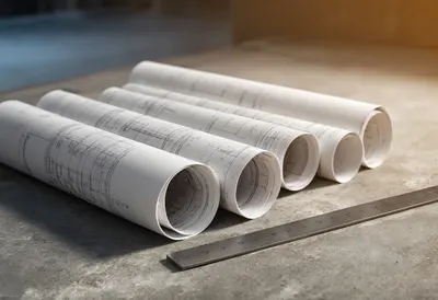 Rolled Blueprints on a Concrete Desk