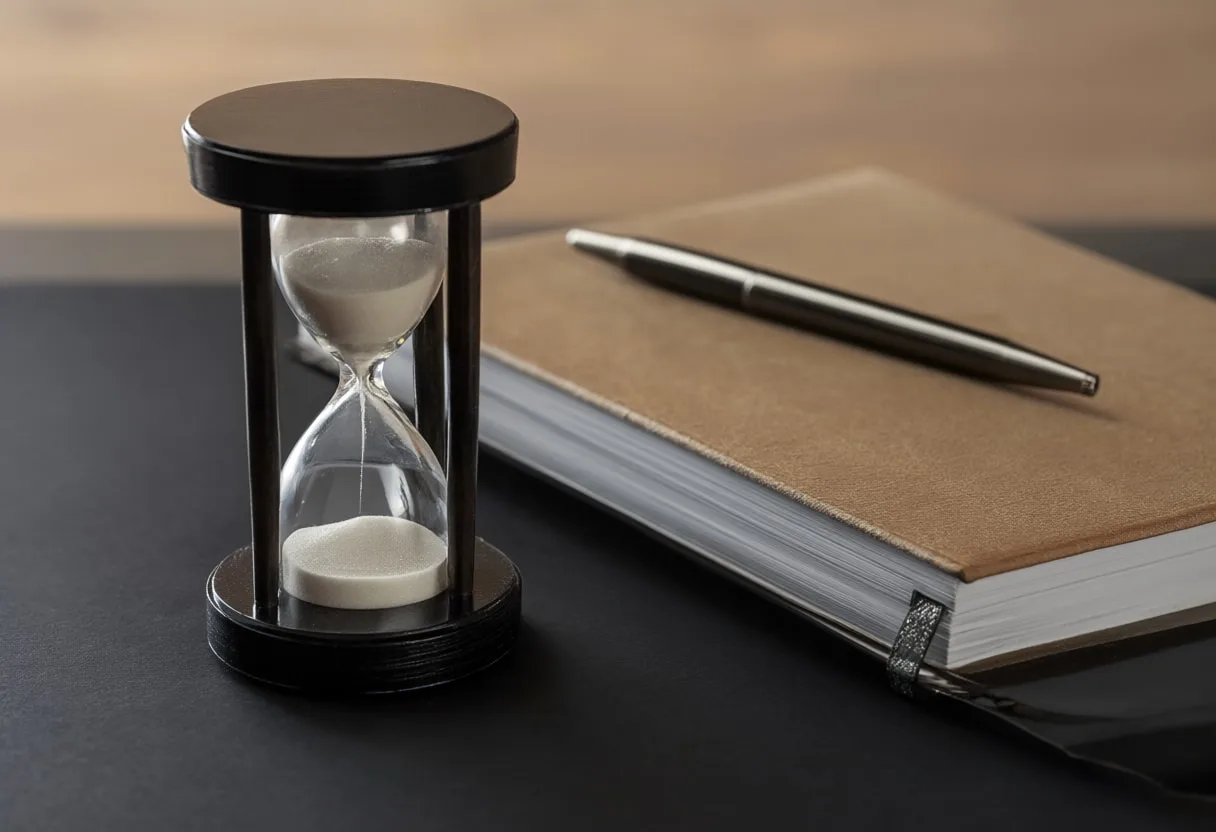 Hourglass beside a Notebook