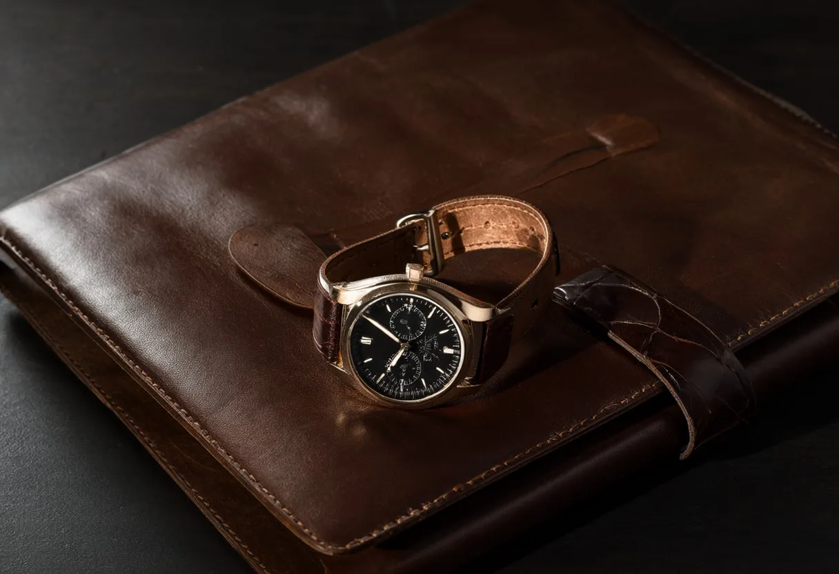 Leather Portfolio with a Bronze Watch