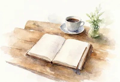 Watercolour Desk with Coffee and Notebook