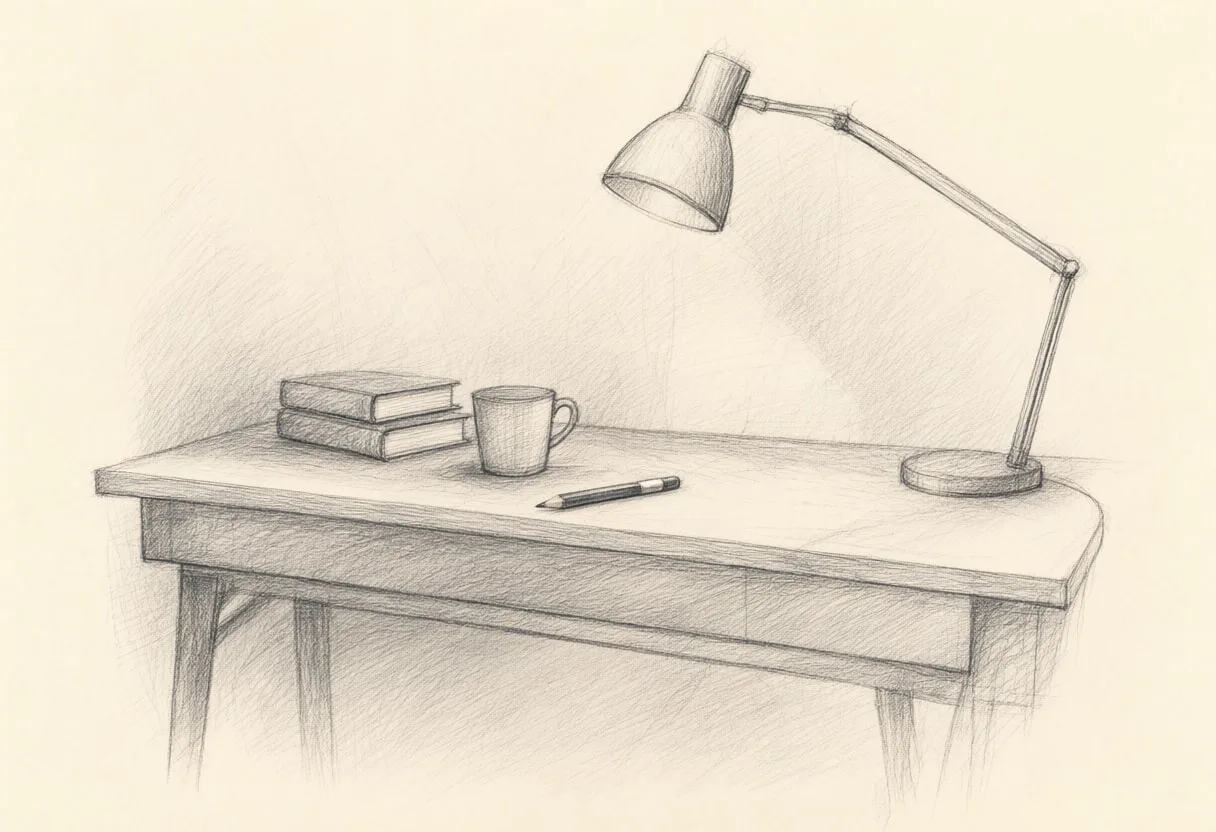 Pencil sketch of a minimal workspace with a desk and lamp
