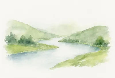 Watercolour River through Soft Hills