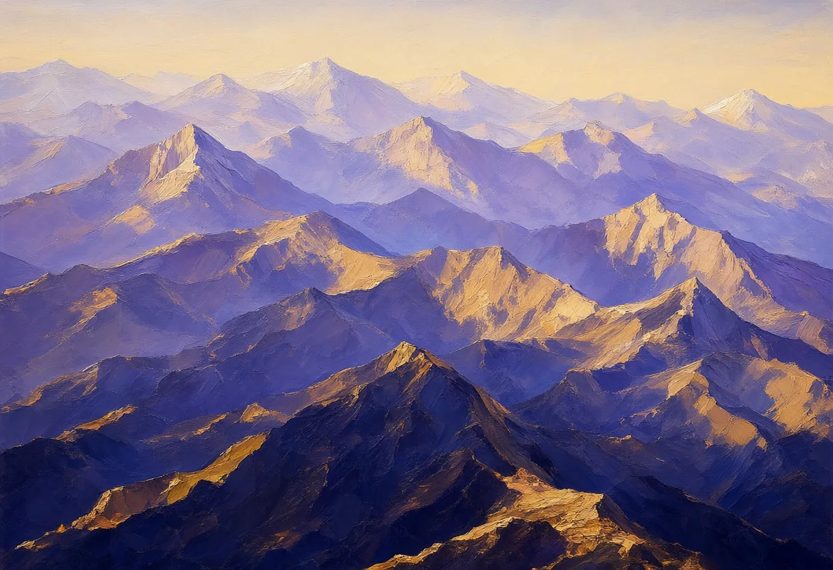 Oil Painting of Mountain Peaks at Dawn