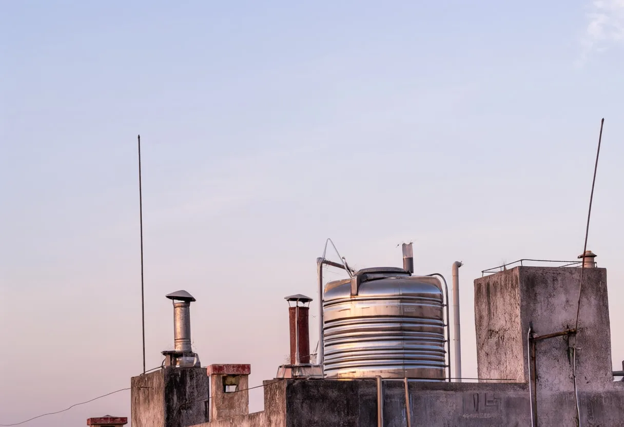 Rooftop Water Tanks against a Pastel Sky