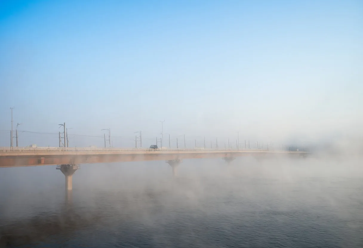 Fog Rolling over a River Bridge
