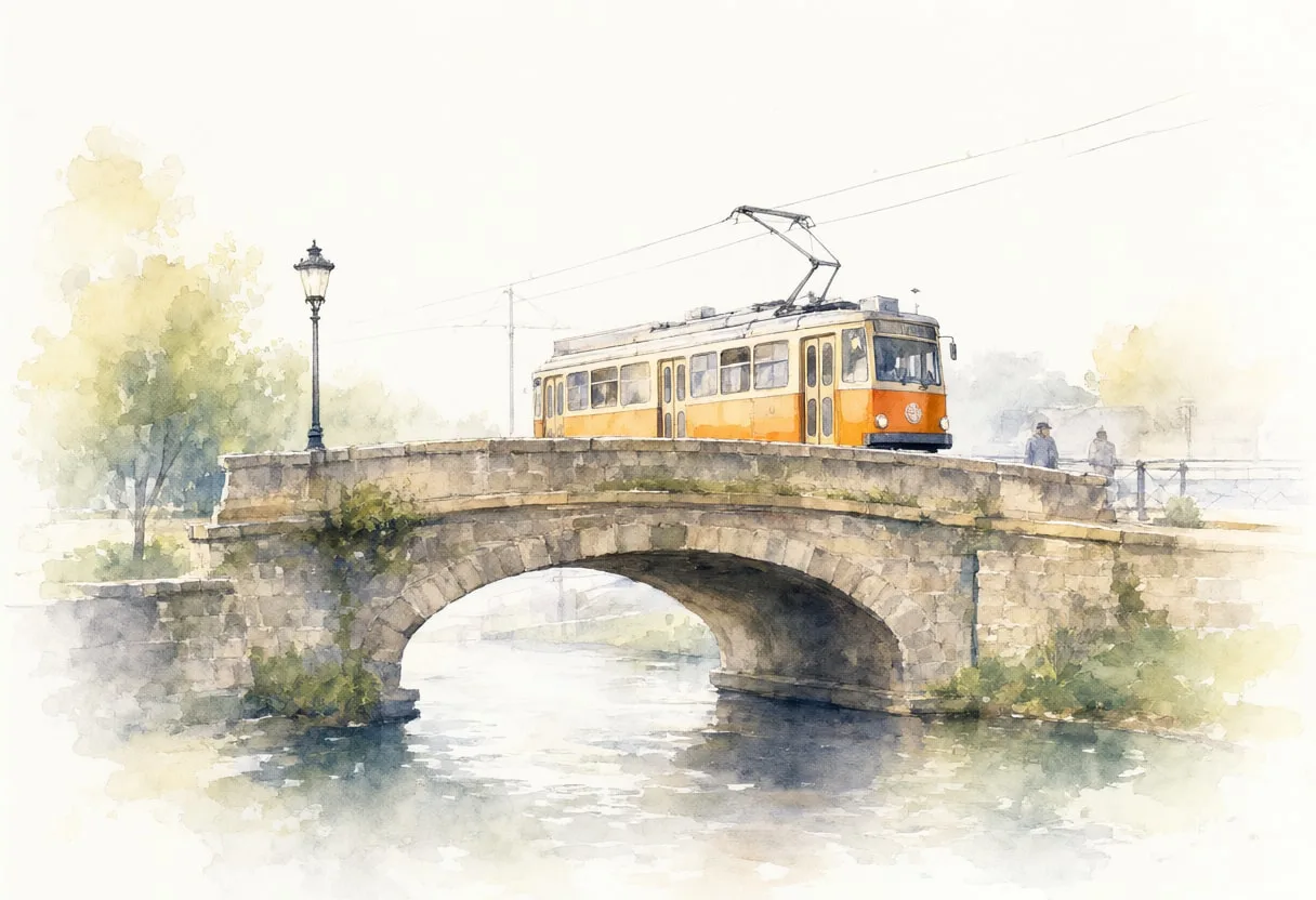 Watercolour Tram Crossing a Bridge