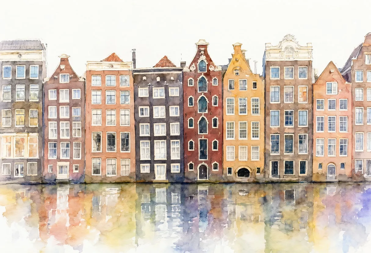 Watercolour Canal Houses Reflection