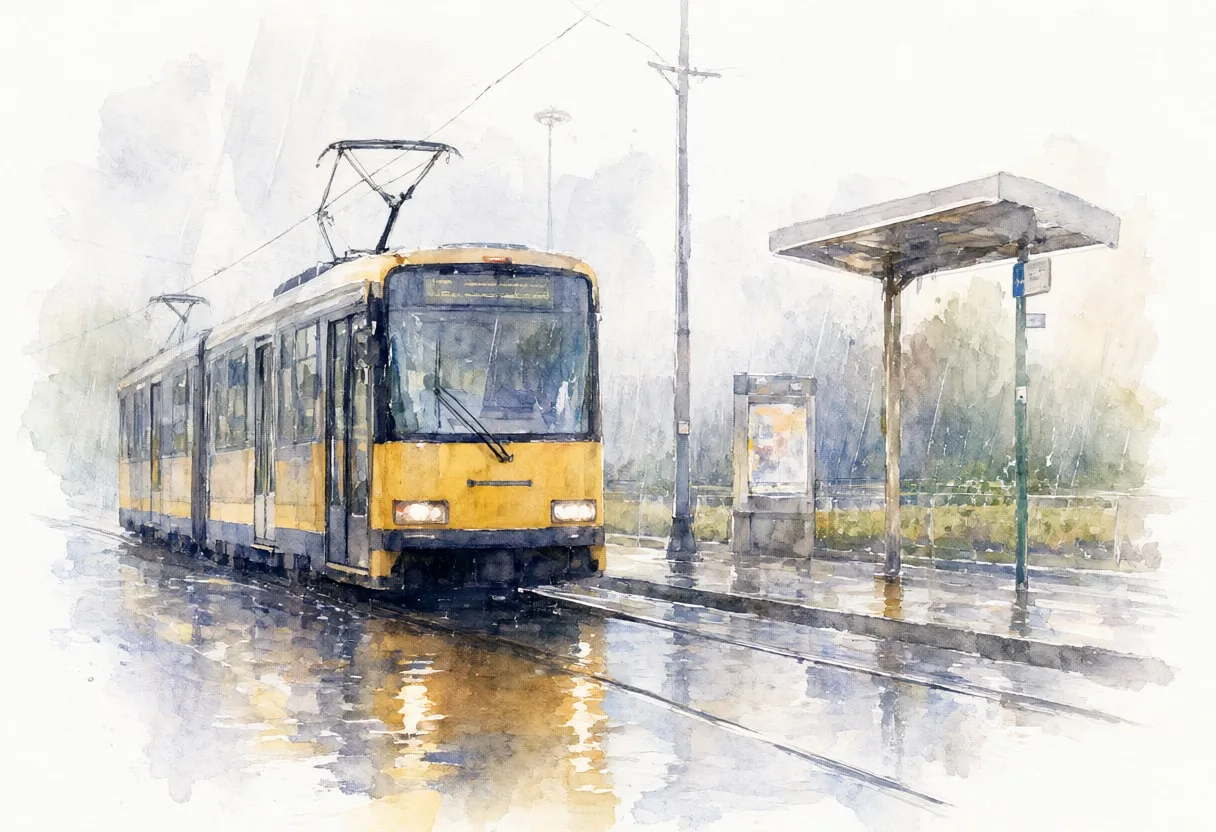 Watercolour Tram Stop in Rain