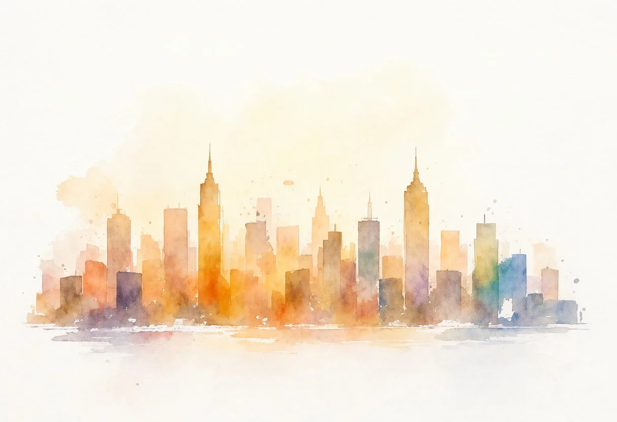 Watercolour City Skyline at Sunset