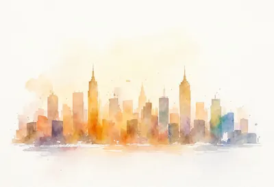 Watercolour City Skyline at Sunset
