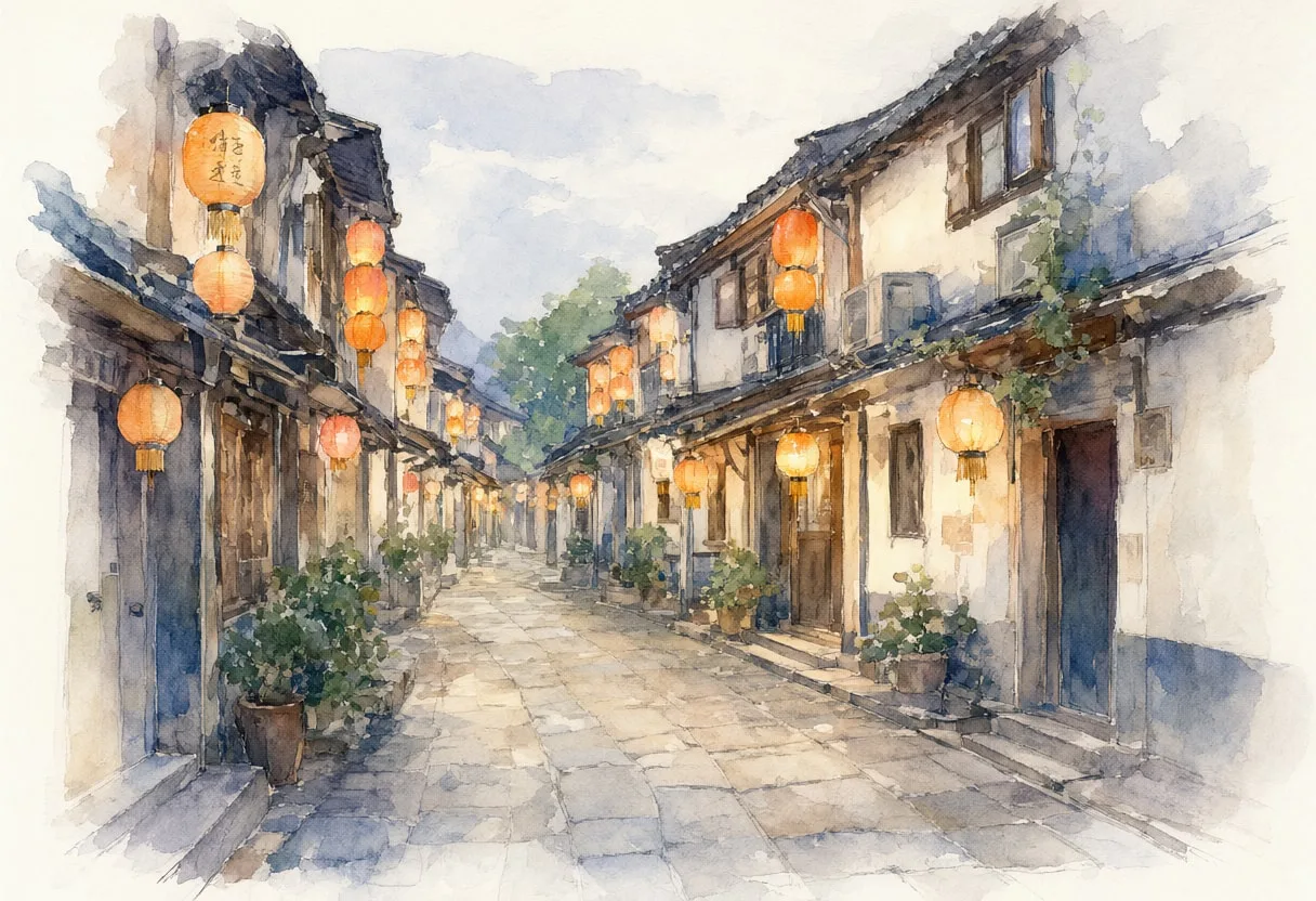 Watercolour Narrow Street with Lanterns