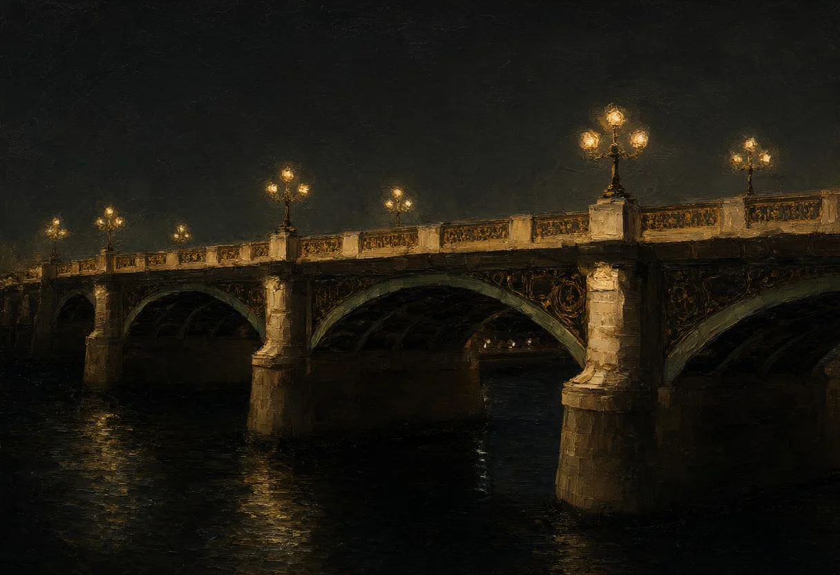 Oil Painting of a Bridge at Night