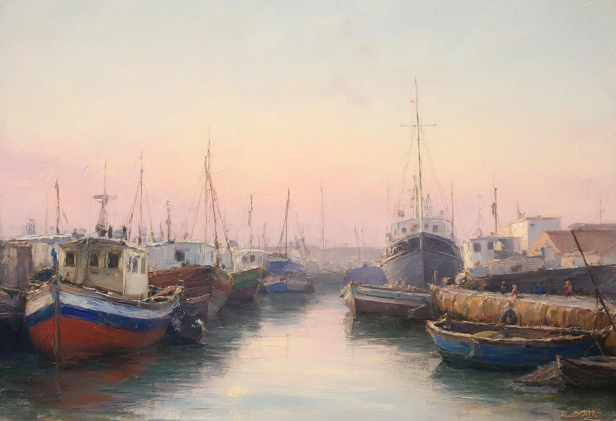 Oil Painting of a Harbor at Dawn