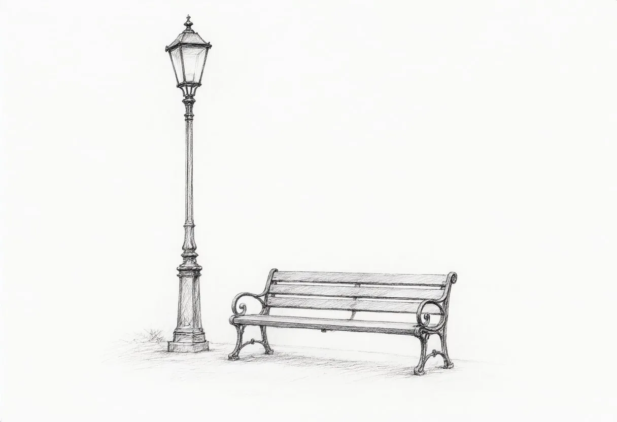 Pencil Sketch of a Street Lamp and Bench
