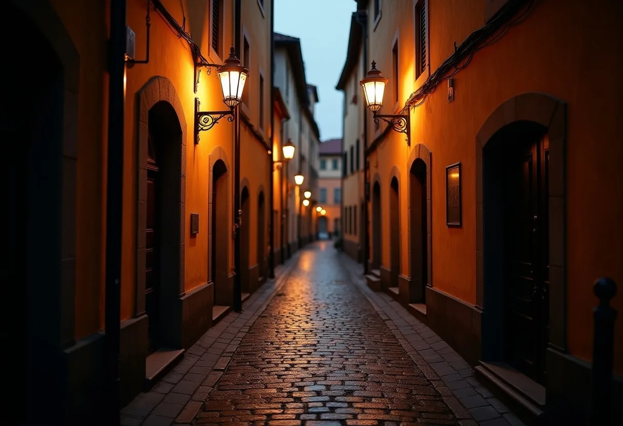 Narrow Alley with Warm Lamps
