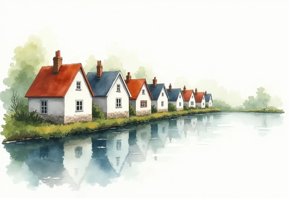 Watercolour Riverside Houses