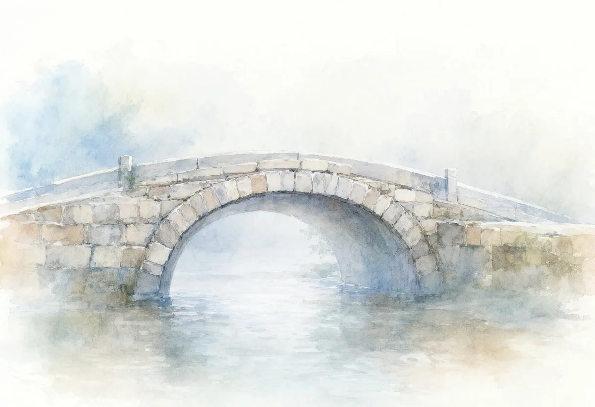 Watercolour of a low stone bridge in morning mist