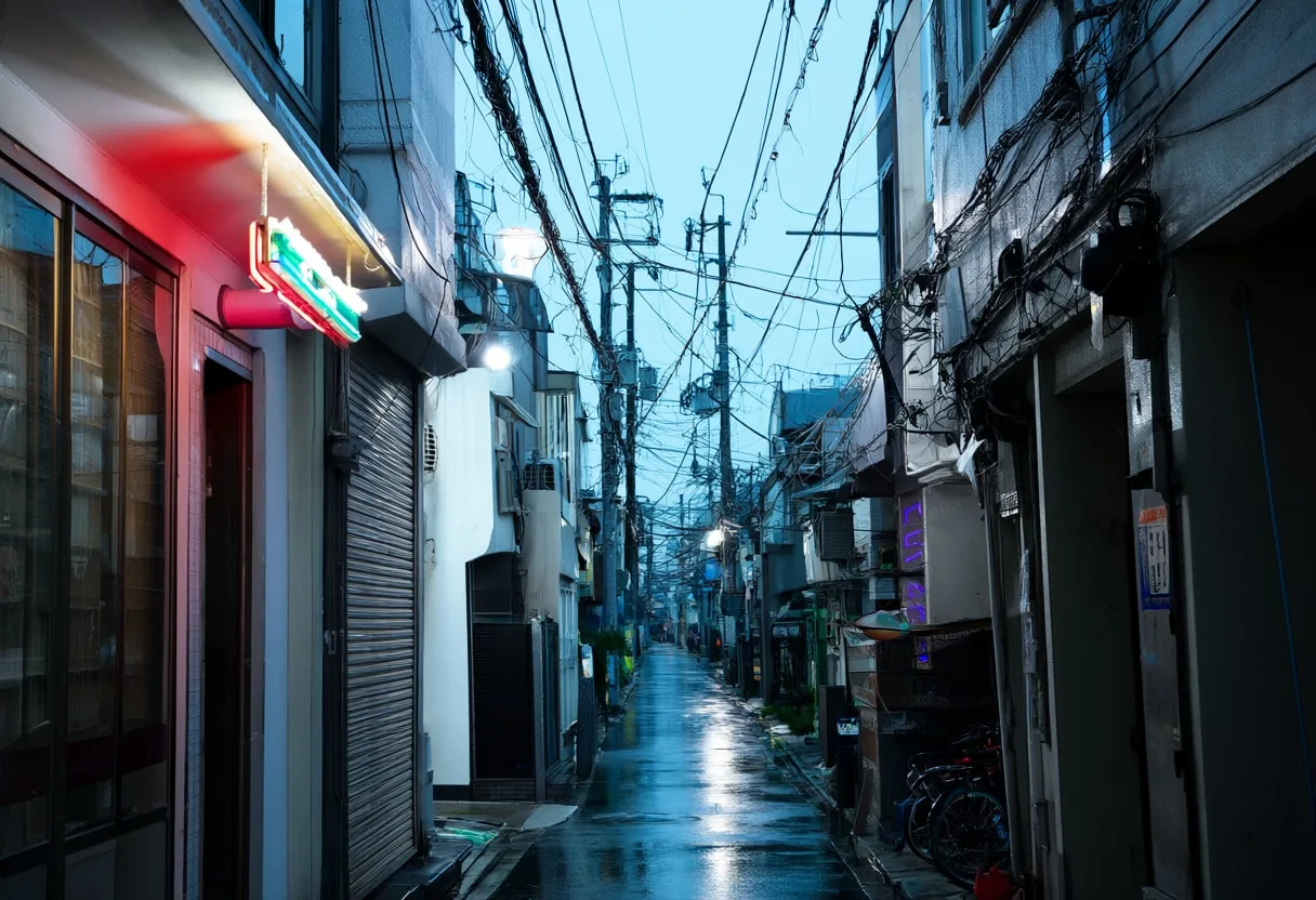 Cables Overhead in a Neon Street