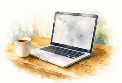 Watercolour Laptop on a Desk