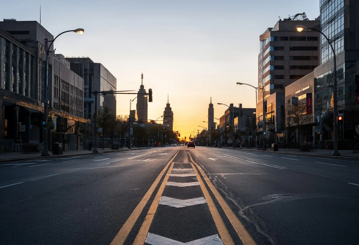 Wide City Avenue นำไปสู่เส้นขอบฟ้าในเวลาพลบค่ำ