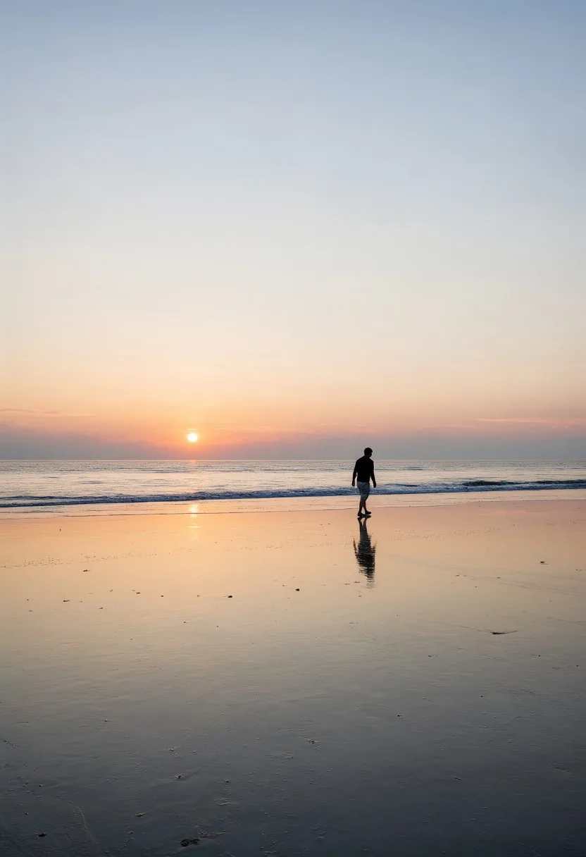 ซิลลูเตของวอล์คเกอร์บนชายหาดตอนพระอาทิตย์ตก