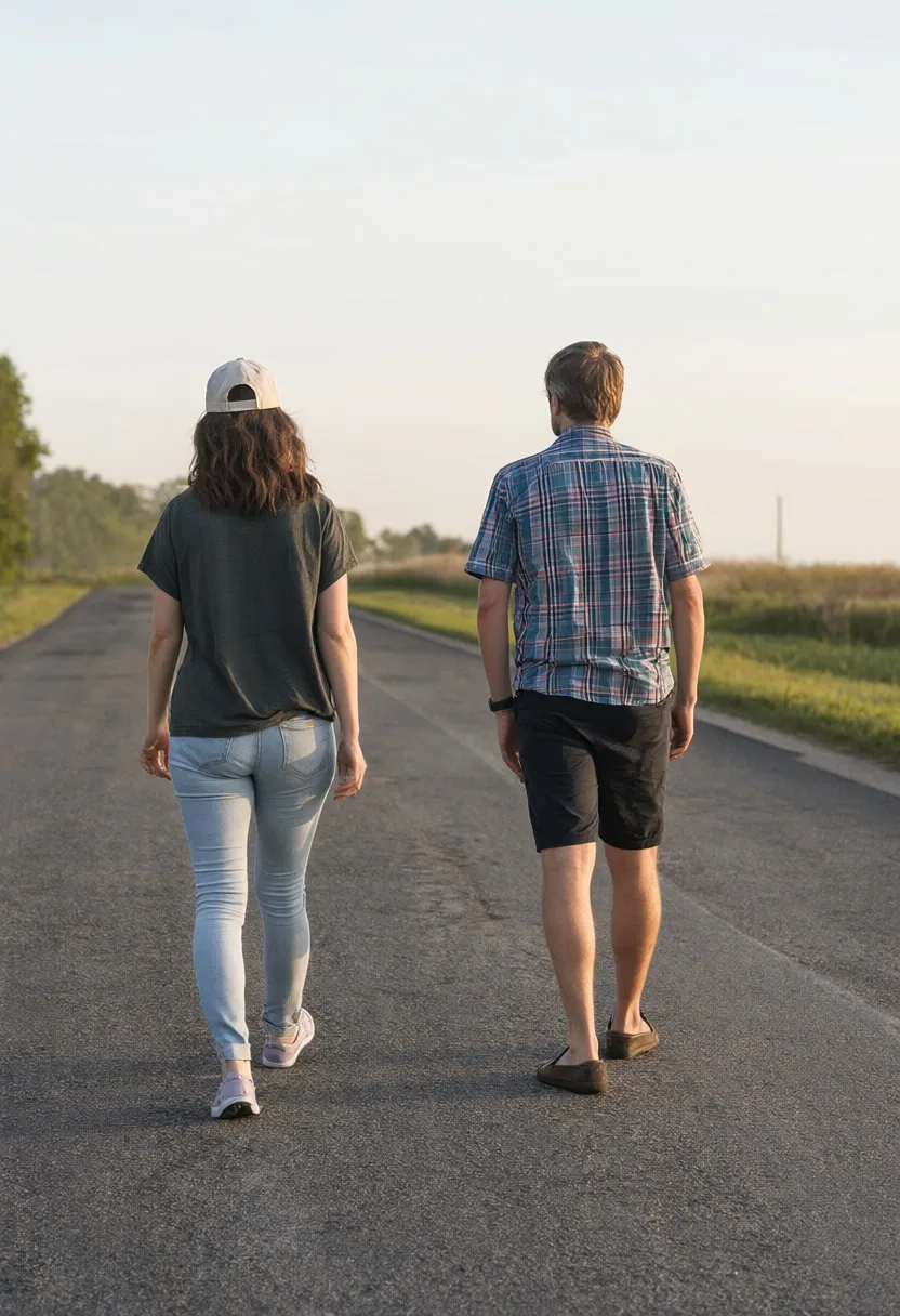 Two Friends Walking Away down a Road