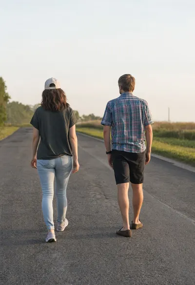 Two Friends Walking Away down a Road