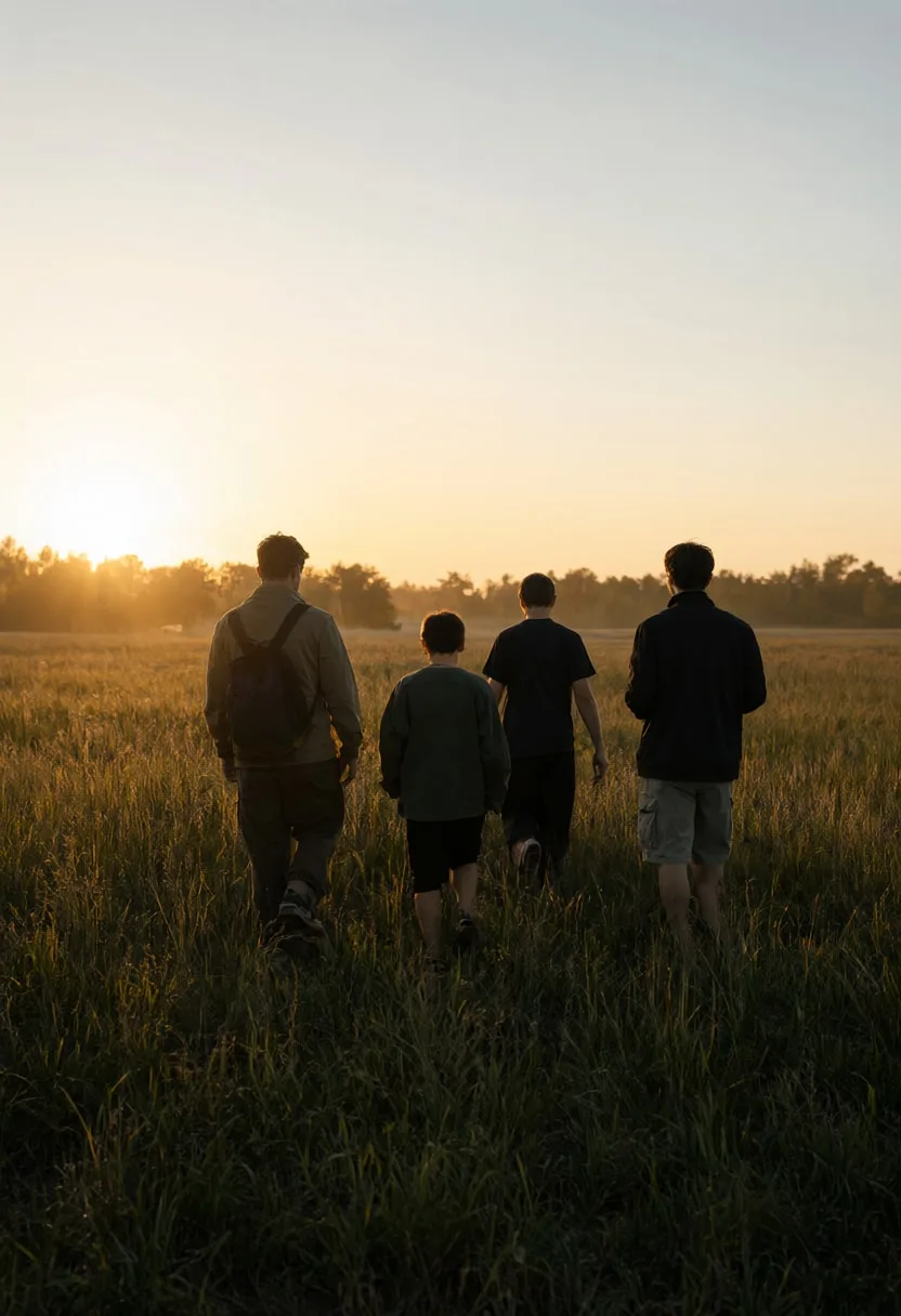 Group of Four Walking through a Field