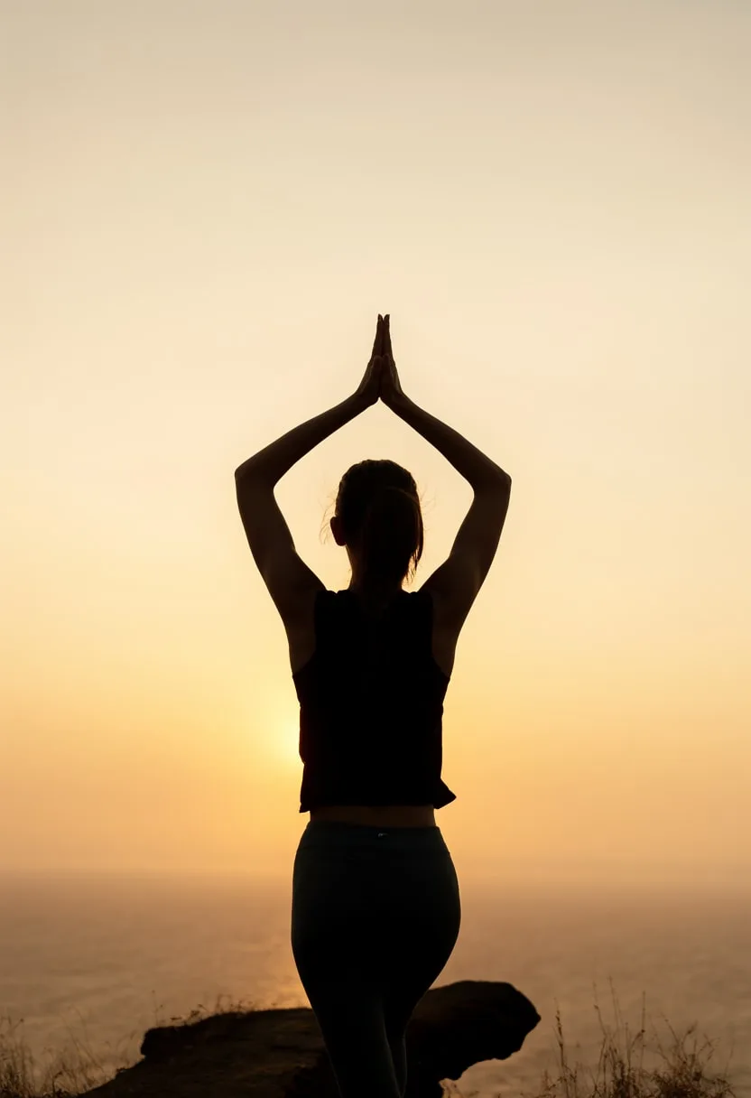 Yoga Figure Silhouetted at Sunrise