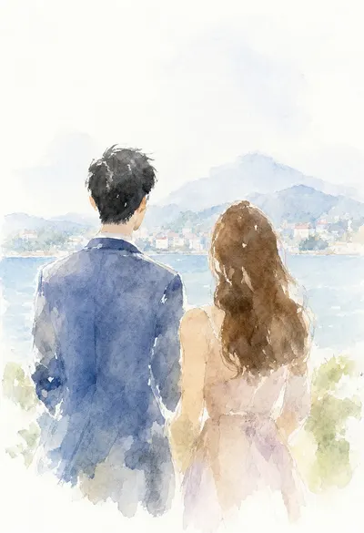 คู่รักสีน้ำมองจากด้านหลัง