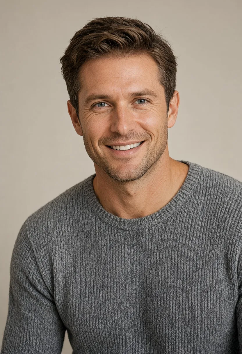 Smiling Man in a Grey Knit Sweater