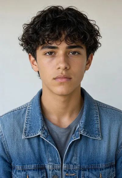 Teenager with Curly Hair and Denim Jacket