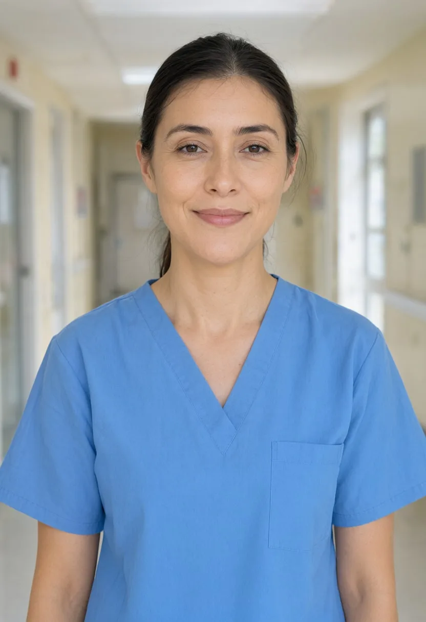 Nurse in Blue Scrubs in a Bright Corridor