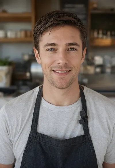 Barista in an Apron behind a Counter
