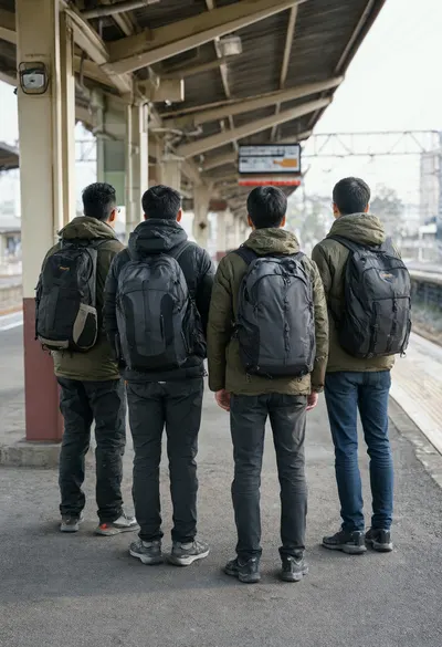 Travelers with Backpacks on a Station Platform