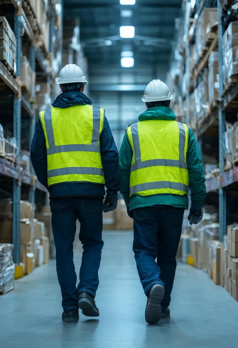 Two Workers Walking through a Warehouse Aisle