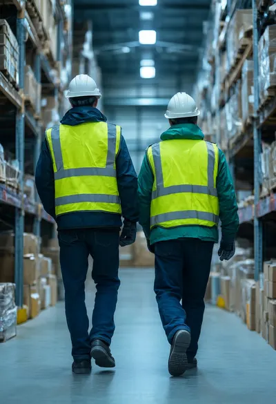 Two Workers Walking through a Warehouse Aisle