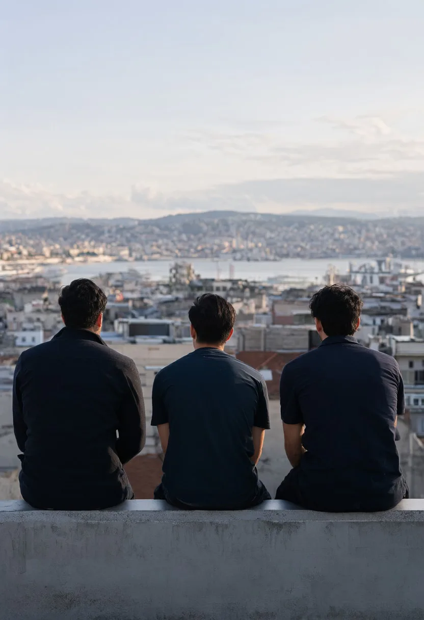 Friends Sitting on a Rooftop at Dusk