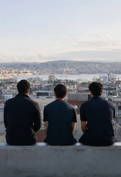 Friends Sitting on a Rooftop at Dusk